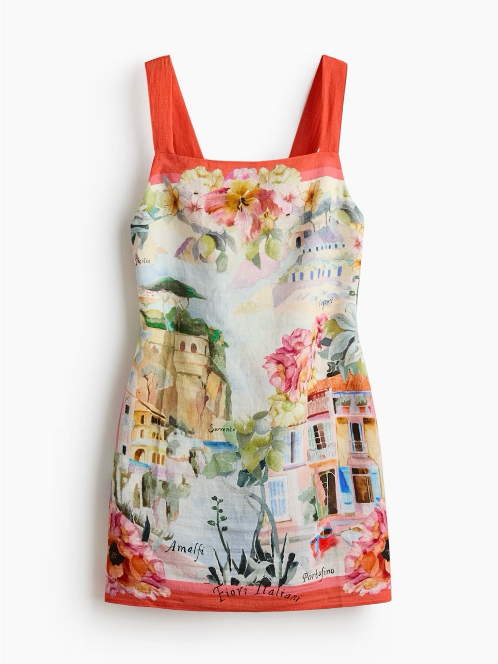 Floral Watercolor Mini Dress with Coral Straps